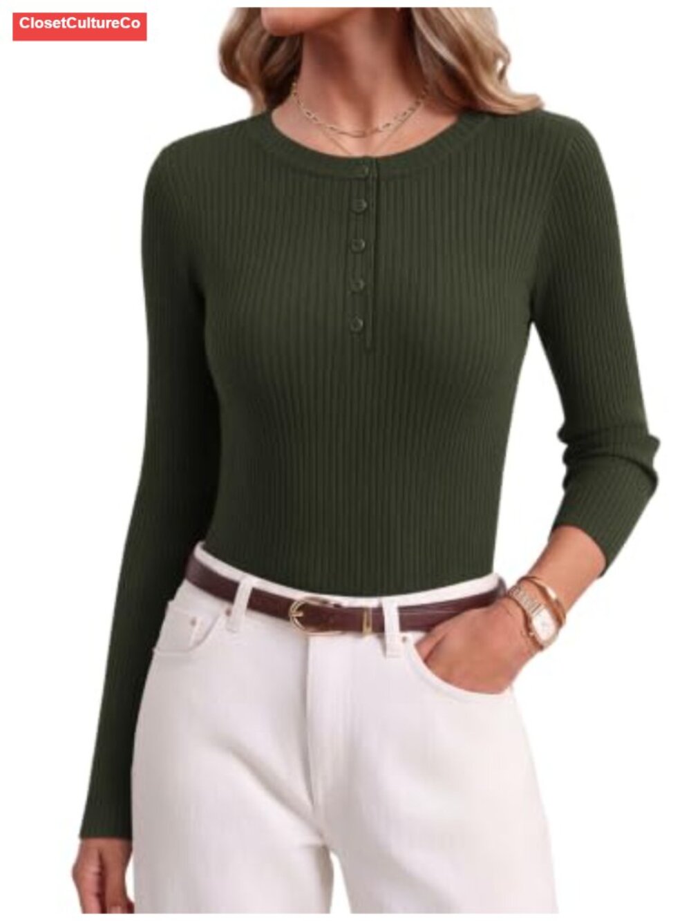 Women's Long Sleeve Henley Sweater Rib Knit Slim Fit Lightweight Pullover
